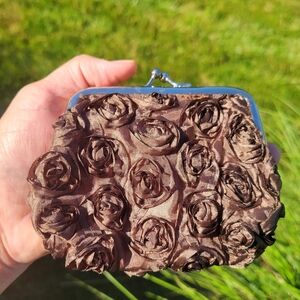 Fabric Coin Purse ~ Brown Satin-like Fabric w/Rosette Embellishing ~ GUC ~FINAL!